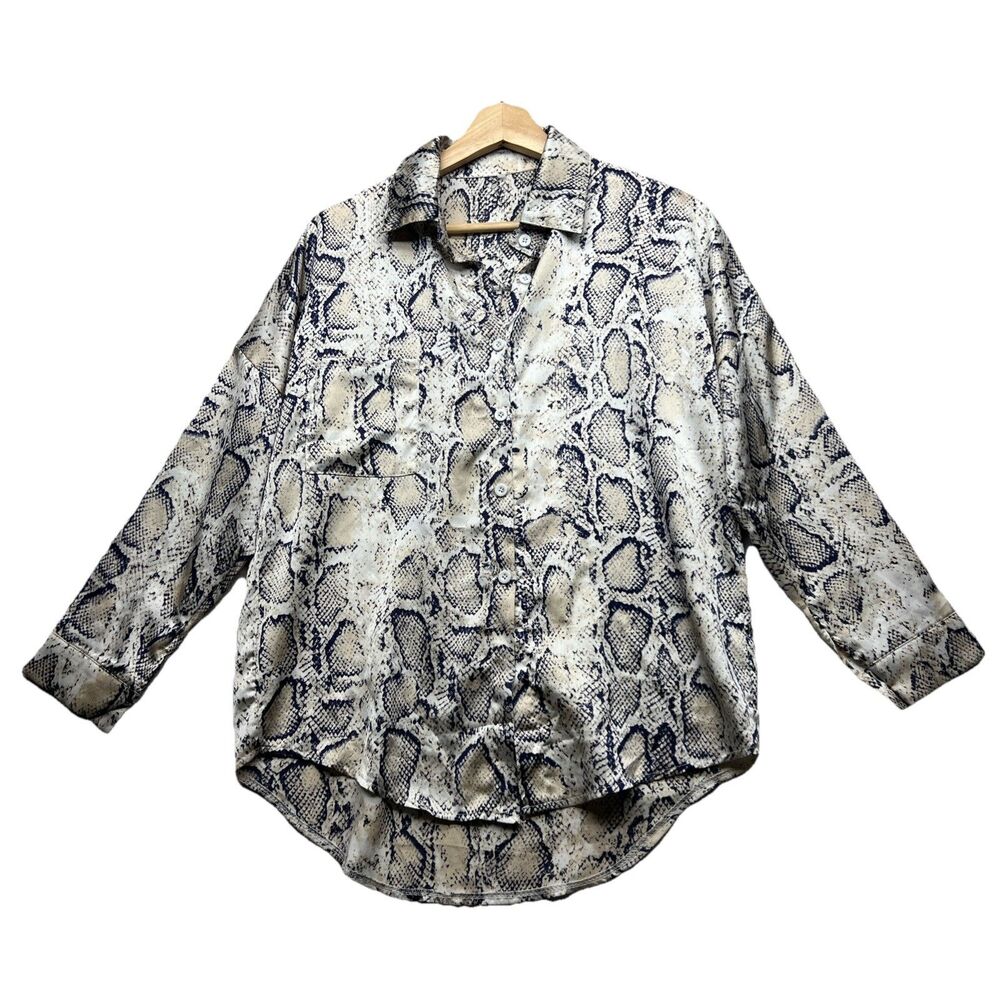 Womens Snake Skin Print Long Raglan Sleeve Collar Pockets Office Top Sz S Small